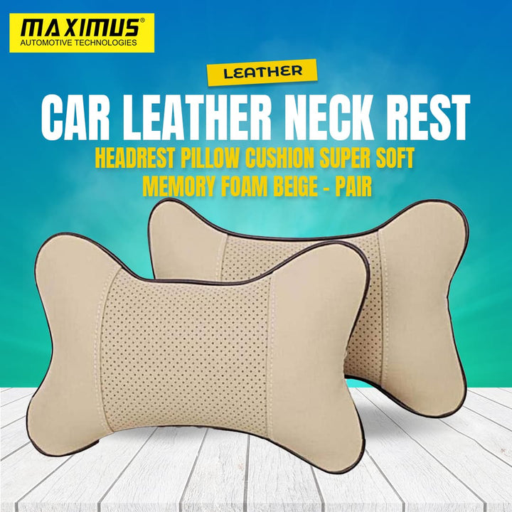 Car Leather Neck Rest Headrest Pillow Cushion Super Soft Memory Foam Beige - Pair