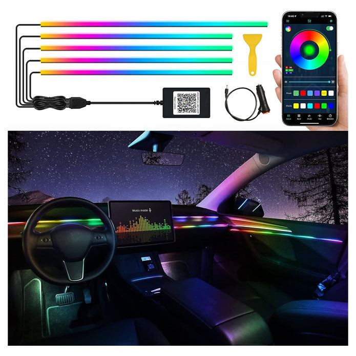 18 in 1 RGB LED Car Ambient Decoration Rainbow Atmosphere Light 18 Points | Interior Acrylic Strip Light By App Control