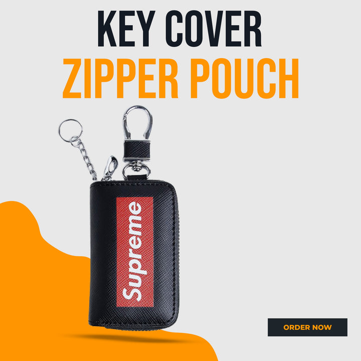 Supreme Zipper Matte Leather Key Cover Pouch Black with Keychain Ring