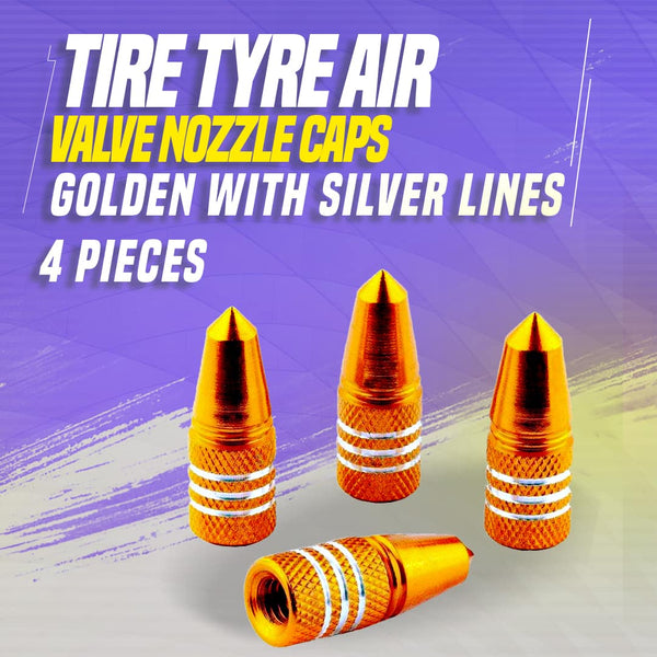 Tire Tyre Air Valve Nozzle Caps Golden With Silver Lines- 4 Pieces