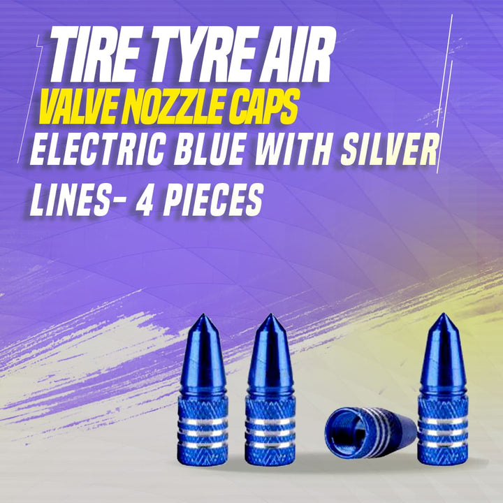 Tire Tyre Air Valve Nozzle Caps Electric Blue With Silver Lines- 4 Pieces