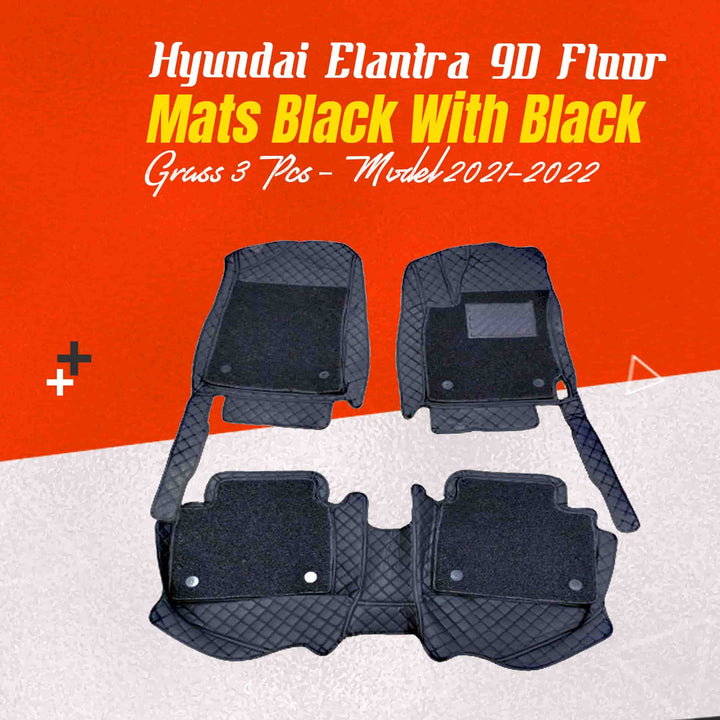 Hyundai Elantra 9D Floor Mats Mix Thread Black With Black Grass 3 Pcs - Model 2021-2024