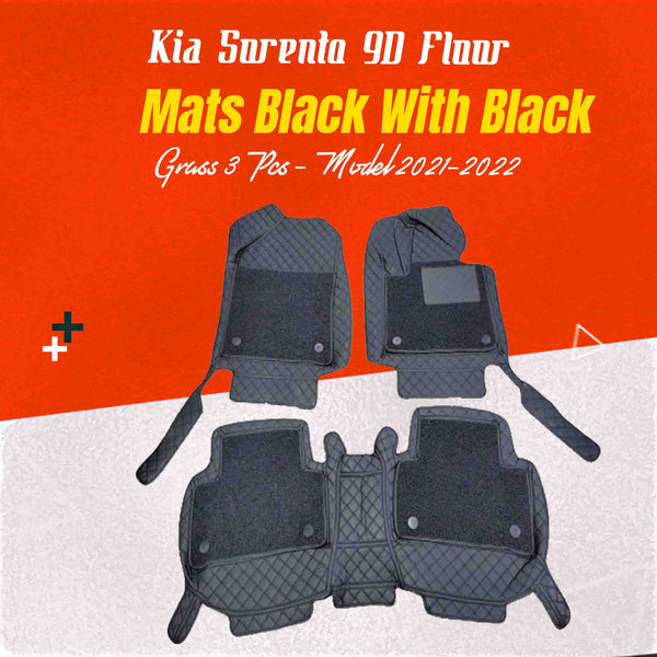 Kia Sorento 9D Floor Mats Mix Thread Black With Black Grass 3 Pcs - Model 2021-2024