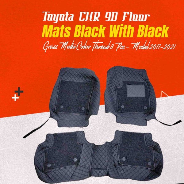 Toyota CHR 9D Floor Mats Mix Thread Black With Black Grass Multi Color Thread 3 Pcs - Model 2017-2021