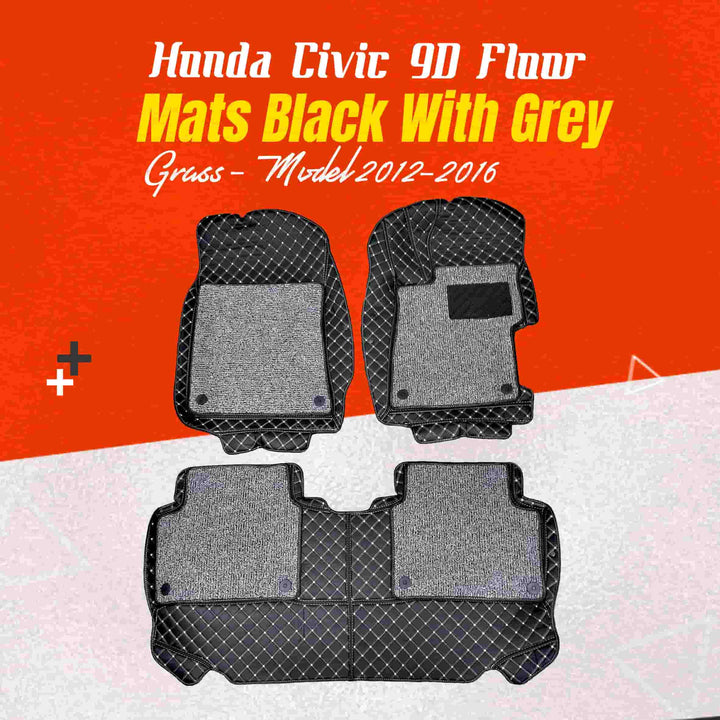 Honda Civic 9D Floor Mats Black With Grey Grass - Model 2012-2016
