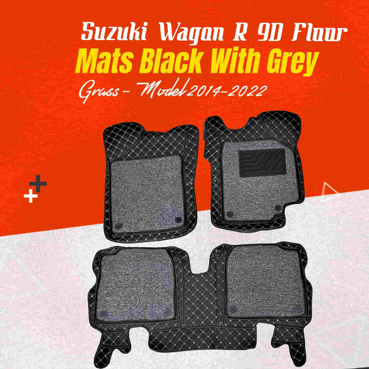 Suzuki Wagon R 9D Floor Mats Black With Grey Grass - Model 2014-2022