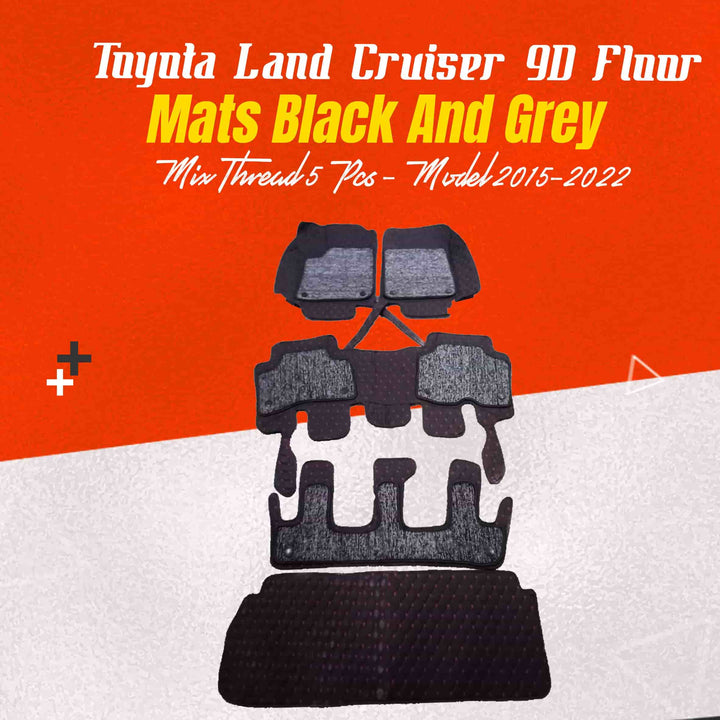 Toyota Land Cruiser 9D Floor Mats Black And Grey Mix Thread 5 Pcs - Model 2015-2022