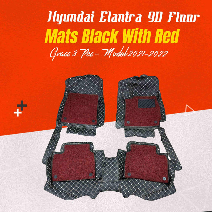 Hyundai Elantra 9D Floor Mats Black With Red Grass 3 Pcs - Model 2021-2024