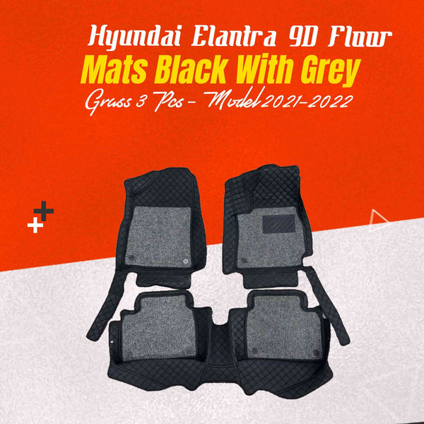 Hyundai Elantra 9D Floor Mats Mix Thread Black With Grey Grass 3 Pcs - Model 2021-2024