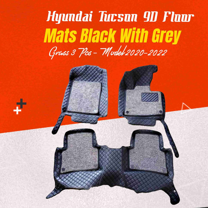 Hyundai Tucson 9D Floor Mats Black With Grey Grass 3 Pcs - Model 2020-2024