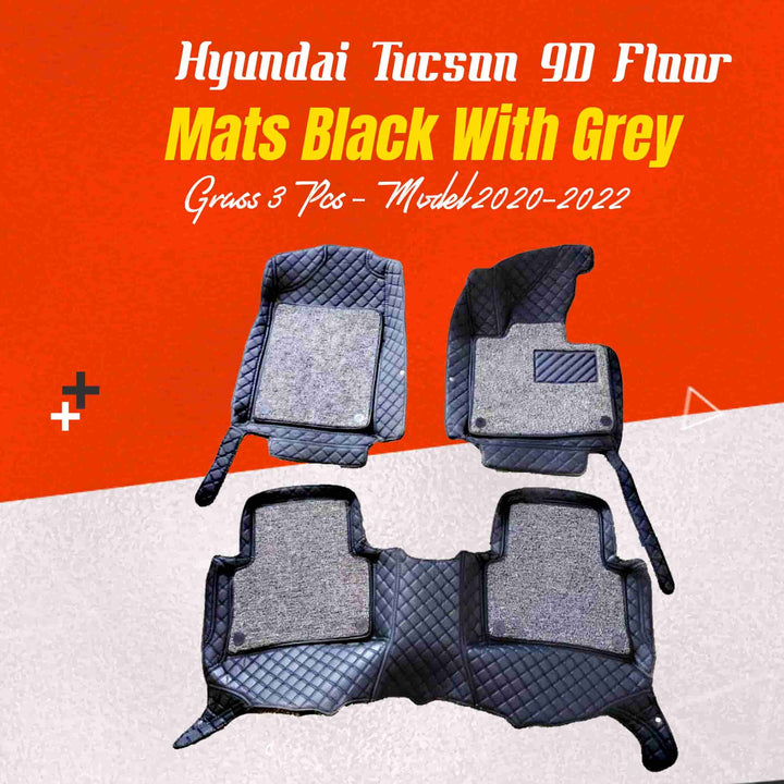 Hyundai Tucson 9D Floor Mats Mix Thread Black With Grey Grass 3 Pcs - Model 2020-2024