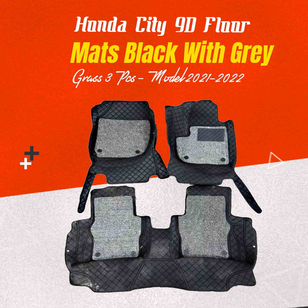 Honda City 9D Floor Mats Mix Thread Black With Grey Grass 3 Pcs - Model 2021-2022