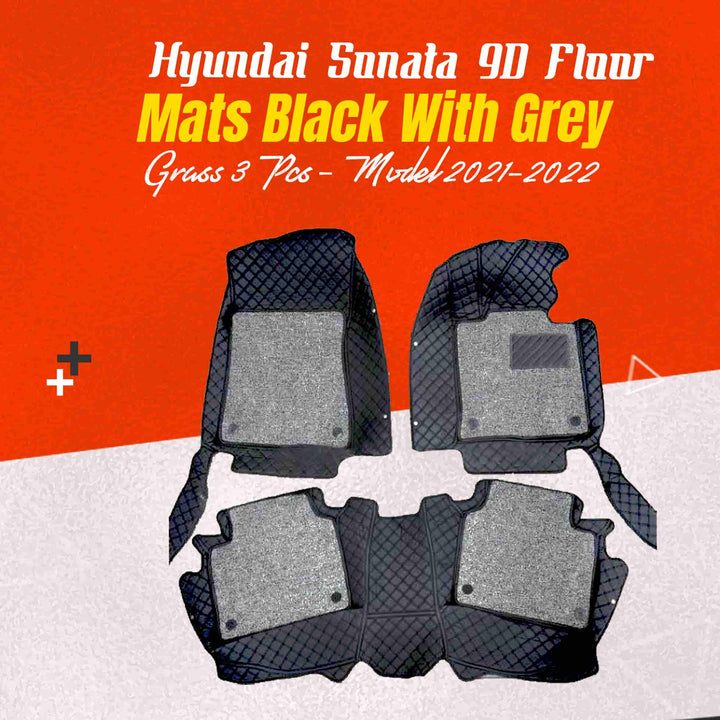 Hyundai Sonata 9D Floor Mats Black With Grey Grass 3 Pcs - Model 2021-2024