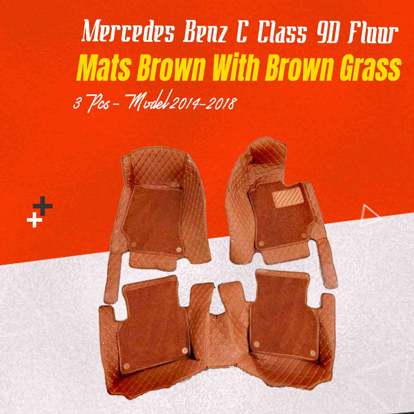 Mercedes Benz C Class 9D Floor Mats Mix Thread Brown With Brown Grass 3 Pcs - Model 2014-2018