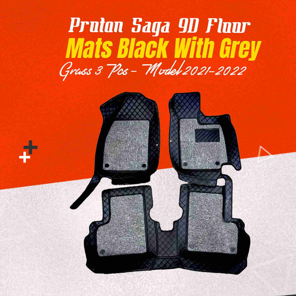 Proton Saga 9D Floor Mats Mix Thread Black With Grey Grass 3 Pcs - Model 2021-2024