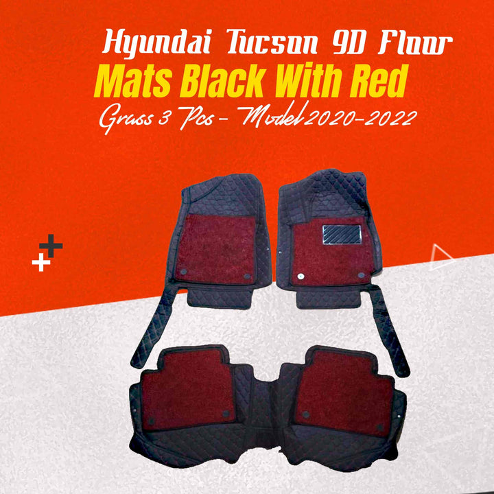 Hyundai Tucson 9D Floor Mats Mix Thread Black With Red Grass 3 Pcs - Model 2020-2024