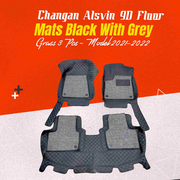 Changan Alsvin 9D Floor Mats Mix Thread Black With Grey Grass 3 Pcs - Model 2021-2024