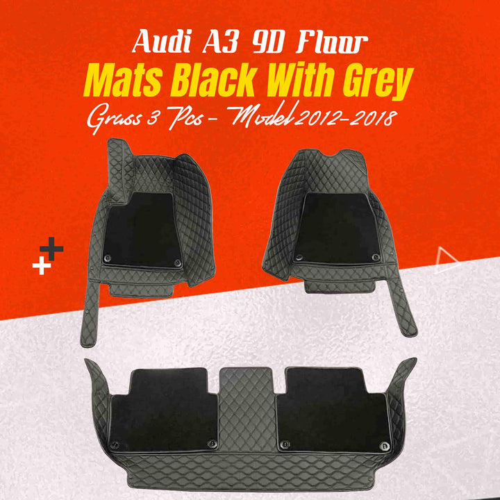 Audi A3 9D Floor Mats Mix Thread Black With Grey Grass 3 Pcs - Model 2012-2018