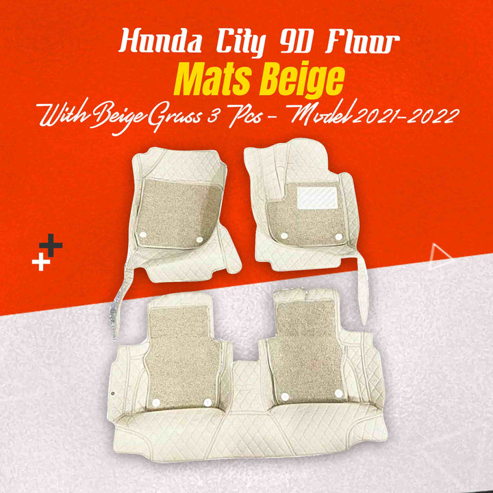 Honda City 9D Floor Mats Beige With Beige Grass 3 Pcs - Model 2021-2022