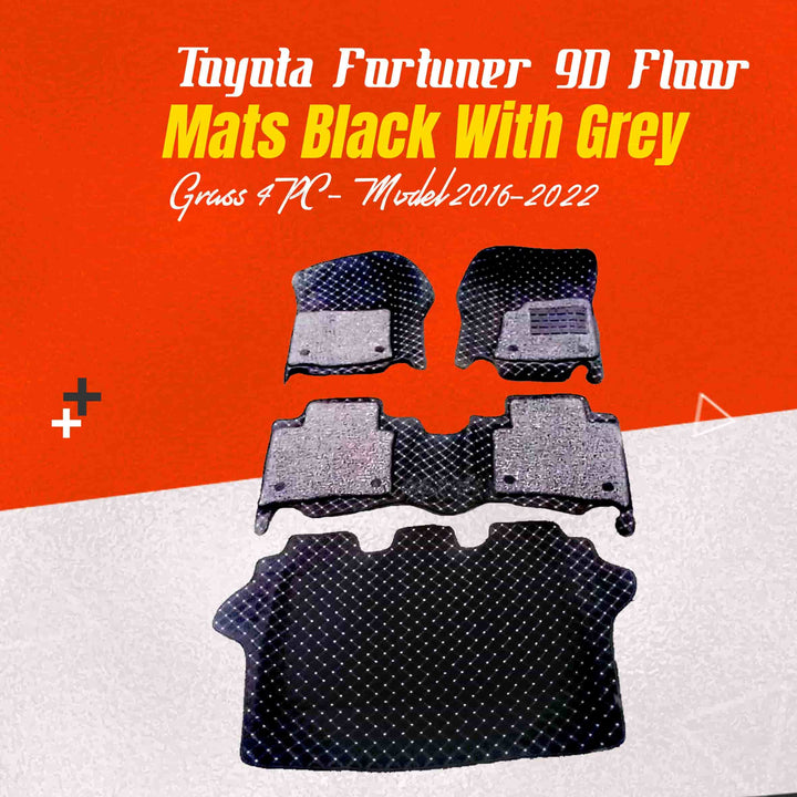 Toyota Fortuner 9D Floor Mats Black With Grey Grass 4PC - Model 2016-2022