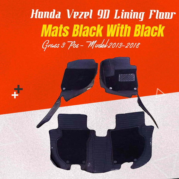 Honda Vezel 9D Lining Floor Mats Mix Thread Black With Black Grass 3 Pcs - Model 2013-2018