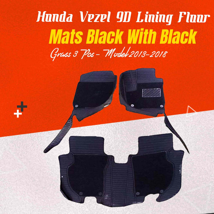 Honda Vezel 9D Lining Floor Mats Black With Black Grass 3 Pcs - Model 2013-2018