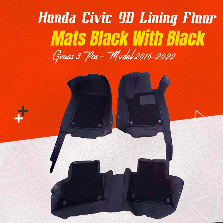 Honda Civic 9D Lining Floor Mats Mix Thread Black With Black Grass 3 Pcs - Model 2016-2022