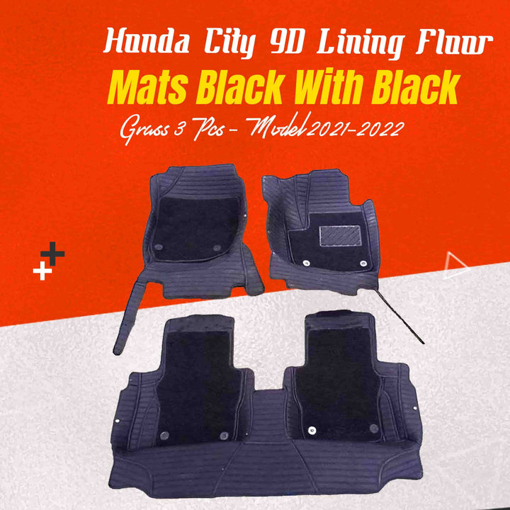 Honda City 9D Lining Floor Mats Black With Black Grass 3 Pcs - Model 2021-2022