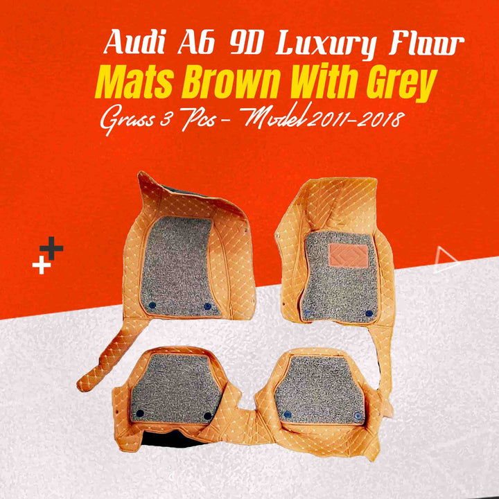 Audi A6 9D Luxury Floor Mats Mix Thread Brown With Grey Grass 3 Pcs - Model 2011-2018