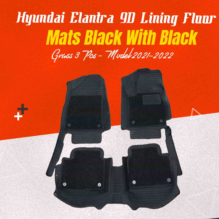 Hyundai Elantra 9D Lining Floor Mats Mix Thread Black With Black Grass 3 Pcs - Model 2021-2024