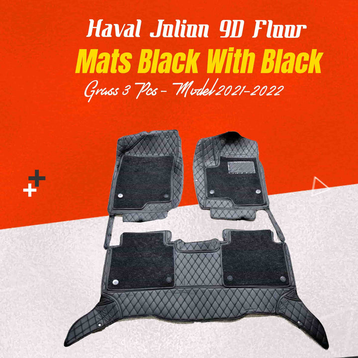 Haval Jolion 9D Floor Mats Mix Thread Black With Black Grass 3 Pcs - Model 2021-2024