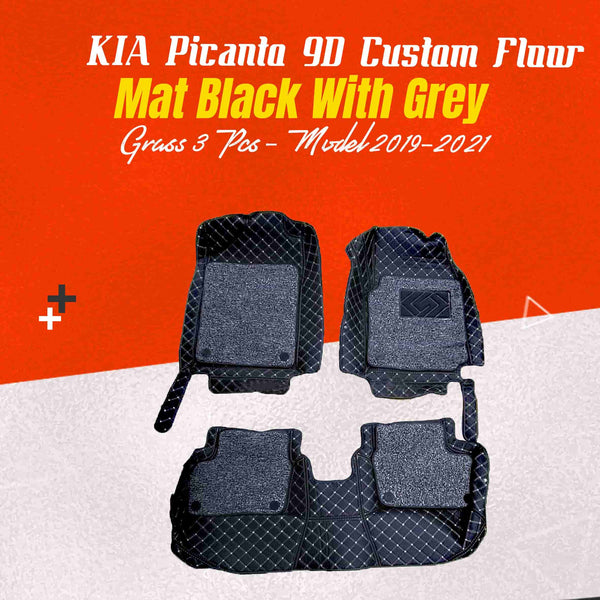 KIA Picanto 9D Custom Floor Mat Mix Thread Black With Grey Grass 3 Pcs - Model 2019-2024