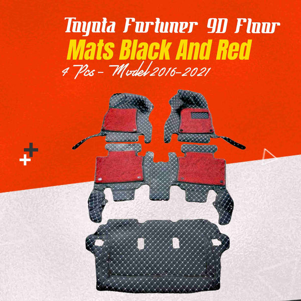 Toyota Fortuner 9D Floor Mats Mix Thread Black and Red 4 Pcs - Model 2016-2021