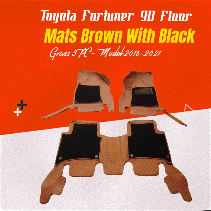 Toyota Fortuner 9D Floor Mats Mix Thread Brown With Black Grass 3PC - Model 2016-2021