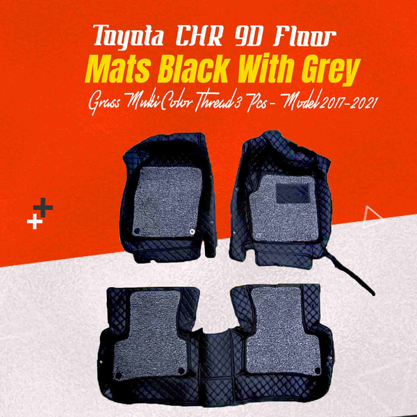 Toyota CHR 9D Floor Mats Mix Thread Black with Grey Grass Multi Color Thread 3 Pcs - Model 2017-2021