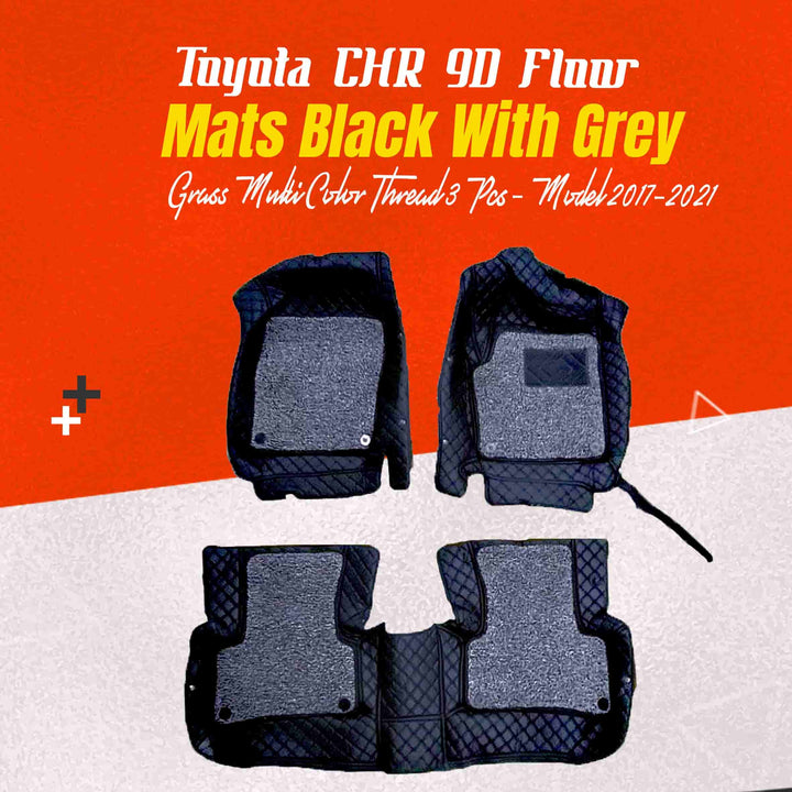 Toyota CHR 9D Floor Mats Mix Thread Black with Grey Grass Multi Color Thread 3 Pcs - Model 2017-2021