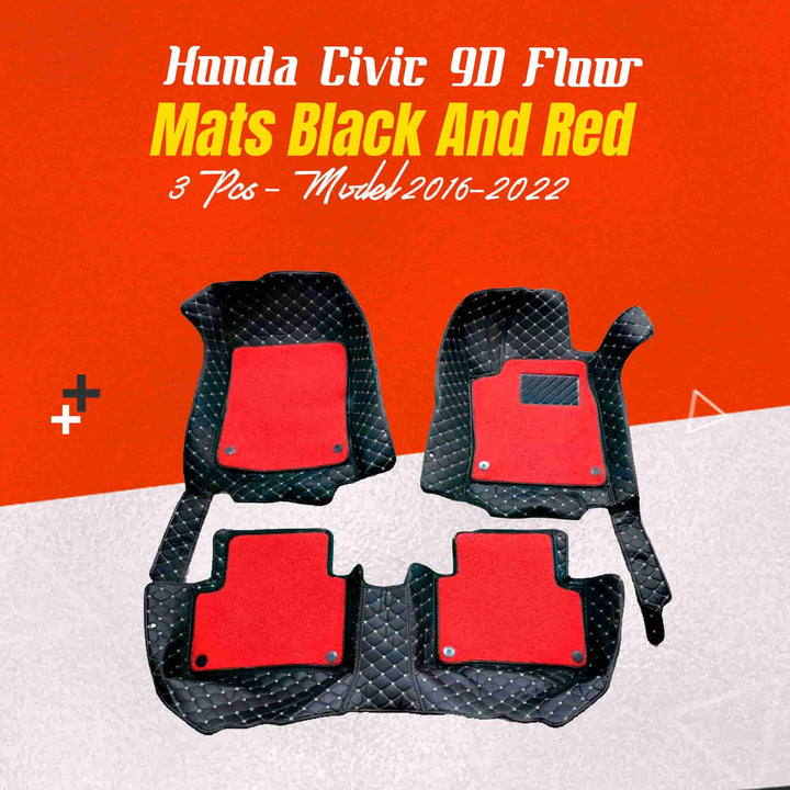 Honda Civic 9D Floor Mats Black and Red 3 Pcs - Model 2016-2022