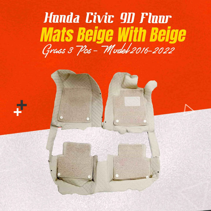 Honda Civic 9D Floor Mats Mix Thread Beige With Beige Grass 3 Pcs - Model 2016-2022