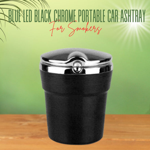 Blue LED Black Chrome Portable Car Ashtray For Smokers - Each