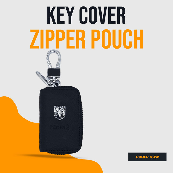 Dodge Zipper Matte Leather Key Cover Pouch Black with Keychain Ring