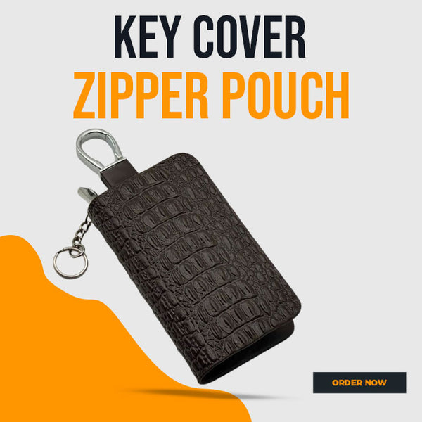 Universal Crocodile Style Zipper Matte Leather Key Cover Pouch Brown with Keychain Ring