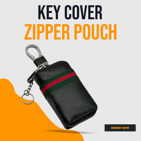 Universal Zipper Matte Leather Key Cover Pouch Black with Keychain Ring