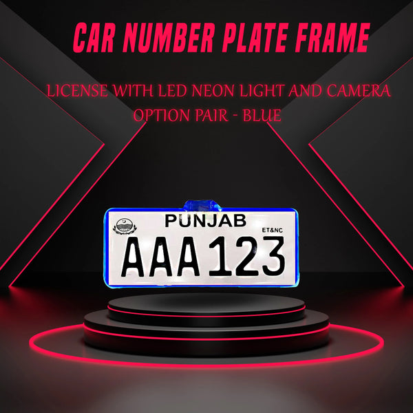 Car Number Plate License Frame with LED Neon Light and Camera Option Pair - Blue