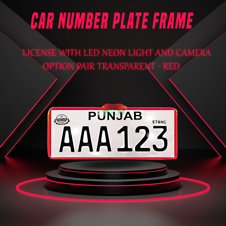 Car Number Plate License Frame with LED Neon Light and Camera Option Pair Transparent - Red