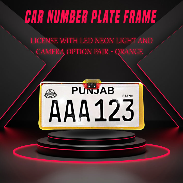 Car Number Plate License Frame with LED Neon Light and Camera Option Pair - Orange