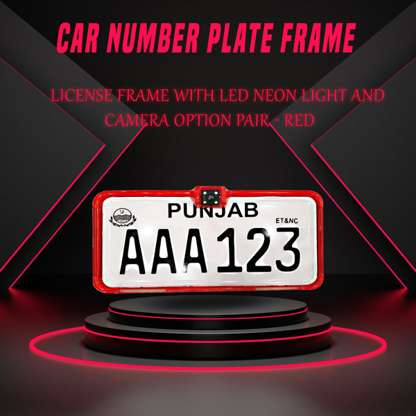 Car Number Plate License Frame with LED Neon Light and Camera Option Pair - Red