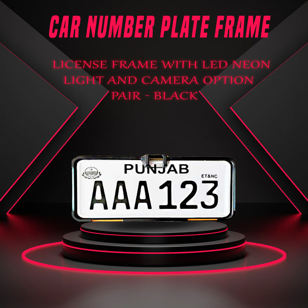 Car Number Plate License Frame with LED Neon Light Pair - Black