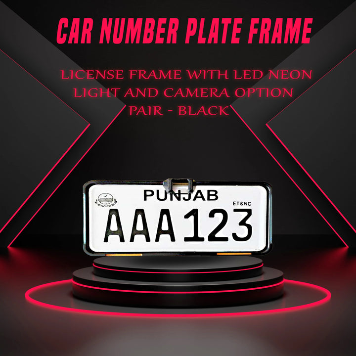 Car Number Plate License Frame with LED Neon Light and Camera Option Pair - Black