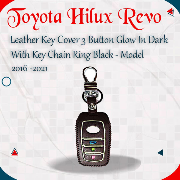 Toyota Hilux Revo/Rocco Leather Key Cover 3 Button Glow In Dark with Key Chain Ring Black