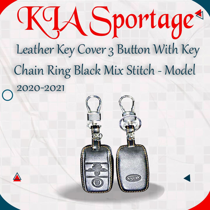 KIA Sportage Leather Key Cover 3 Button with Key Chain Ring Black Mix Stitch - Model 2020-2021